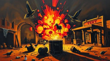 This bold acrylic painting captures a classic exploding TNT gag in the wild west with striking clarity. Utilizing contrasting