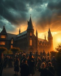 A captivating photograph showcasing a magical school teeming with young wizards, bathed in a warm, golden light that contrast