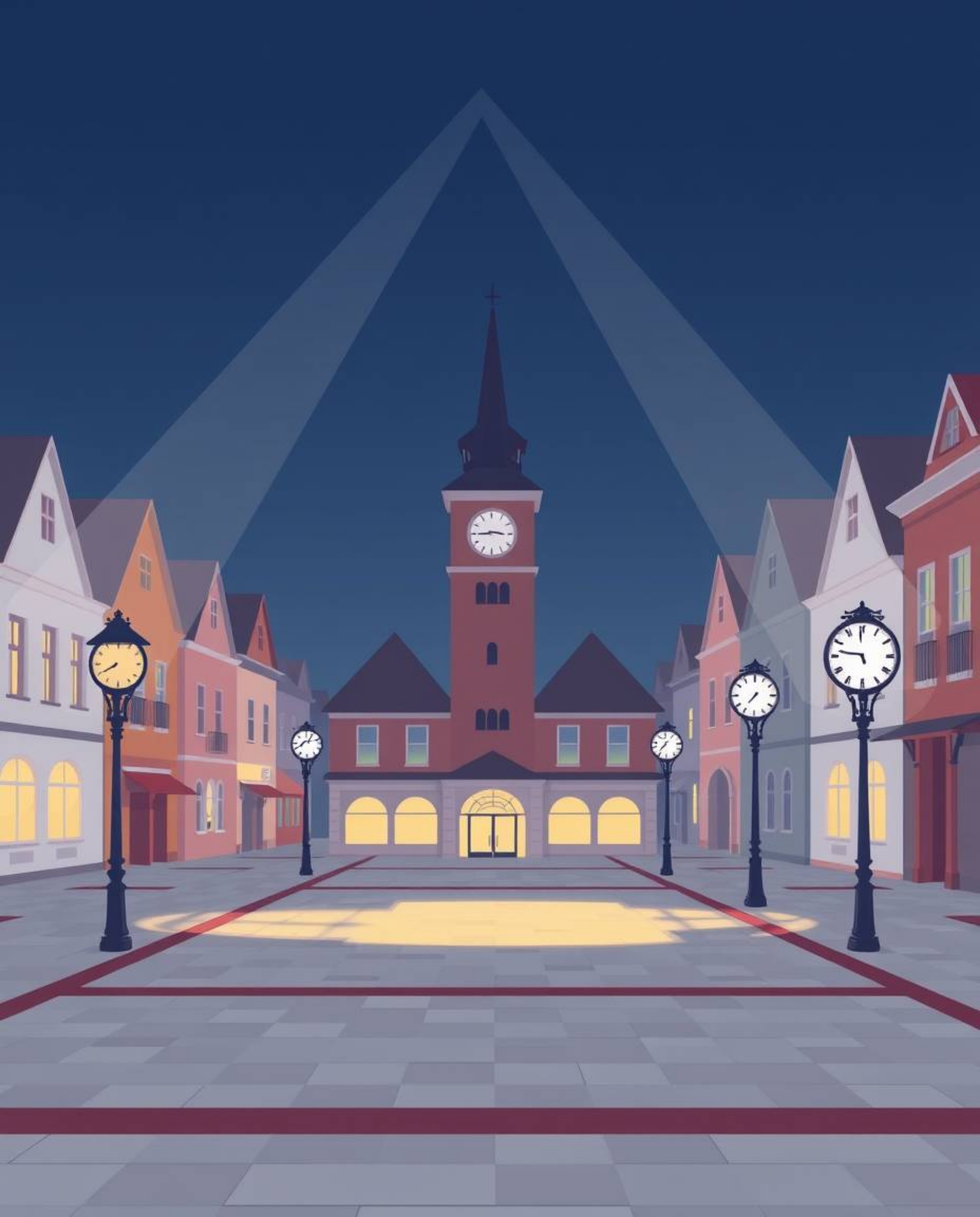 A digitally rendered illustration in a modern flat design style depicts an empty town square featuring ticking clocks.  The s