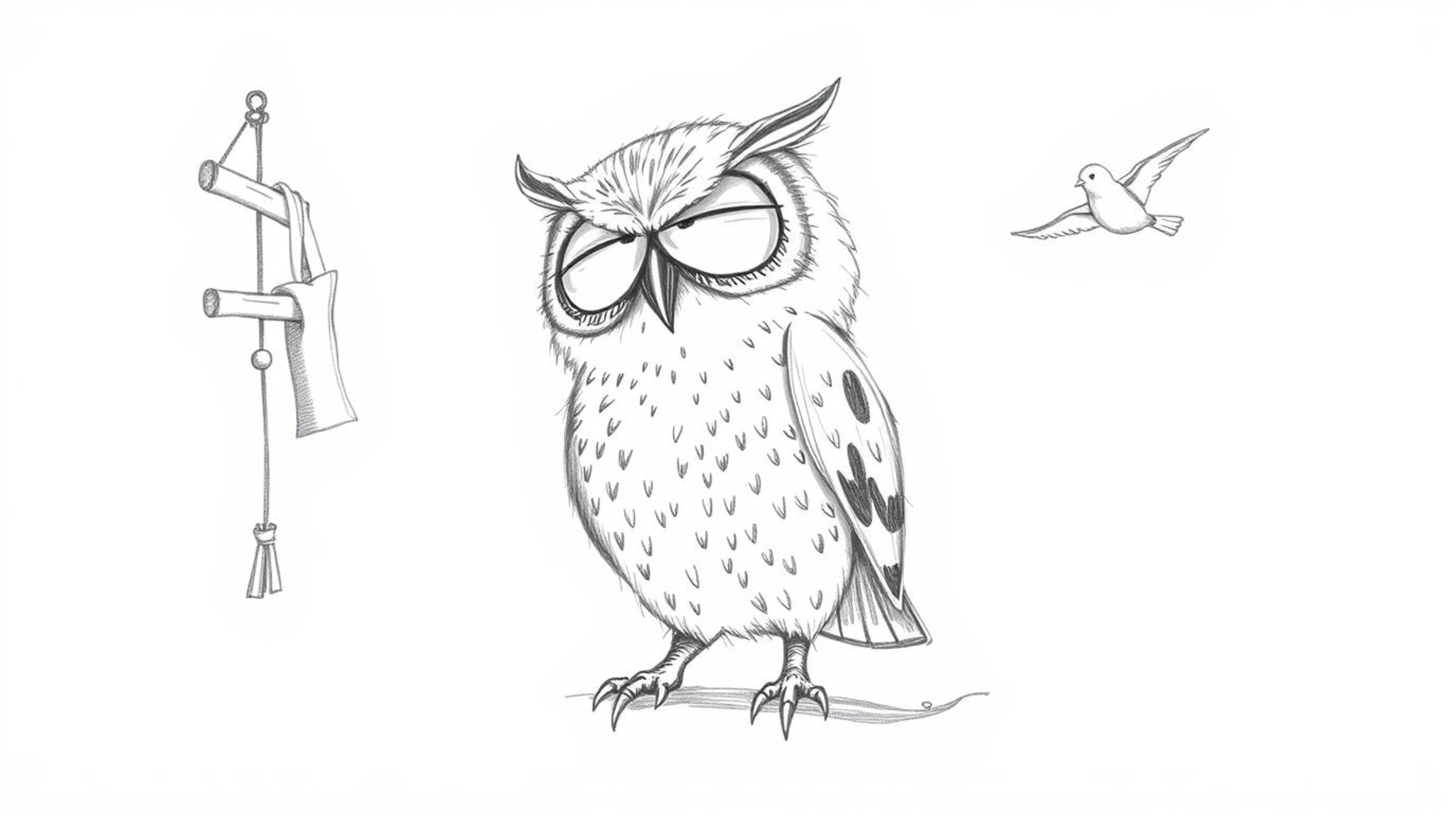 A heartwarming hand-drawn sketch in the style of Pixar animation, showcasing a kind-looking blind owl patiently teaching bird