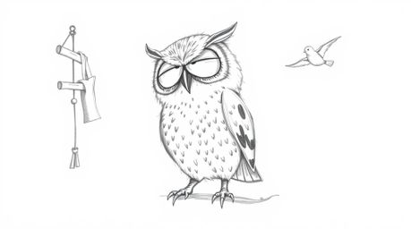 A heartwarming hand-drawn sketch in the style of Pixar animation, showcasing a kind-looking blind owl patiently teaching bird