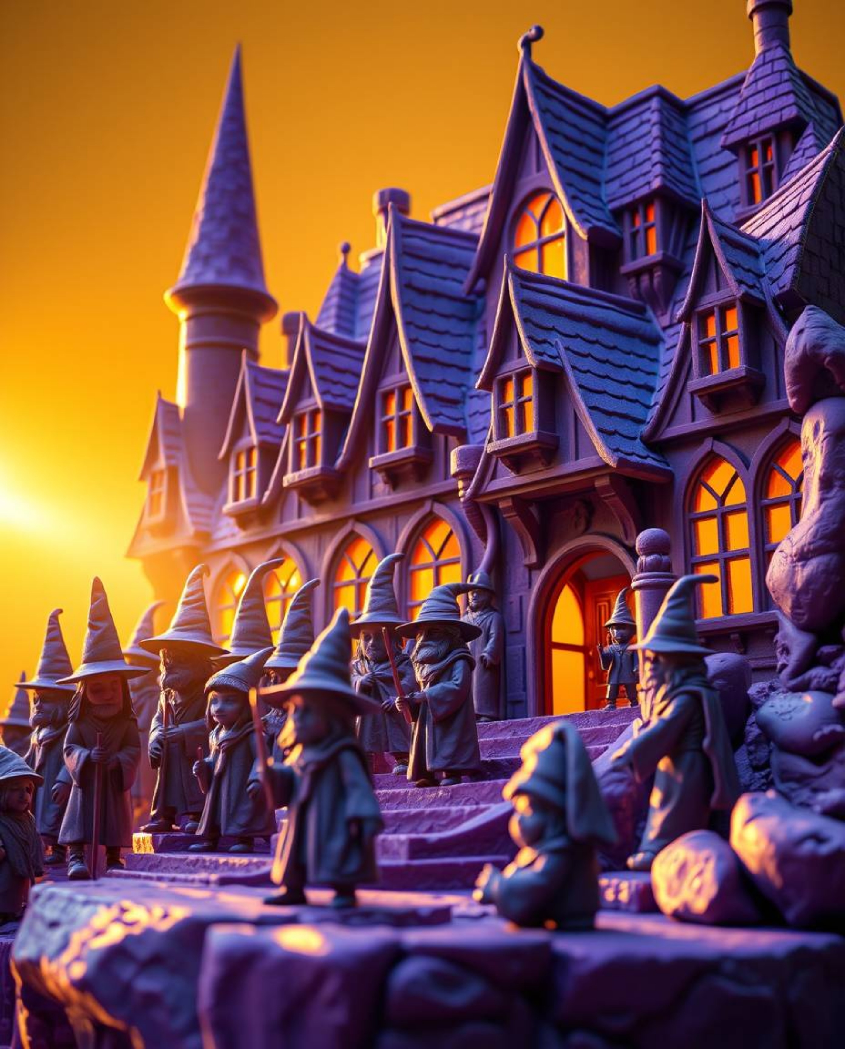 Explore a stunning sculptural clay art piece depicting a magical school brimming with young wizards, bathed in the warm, ench