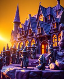 Explore a stunning sculptural clay art piece depicting a magical school brimming with young wizards, bathed in the warm, ench
