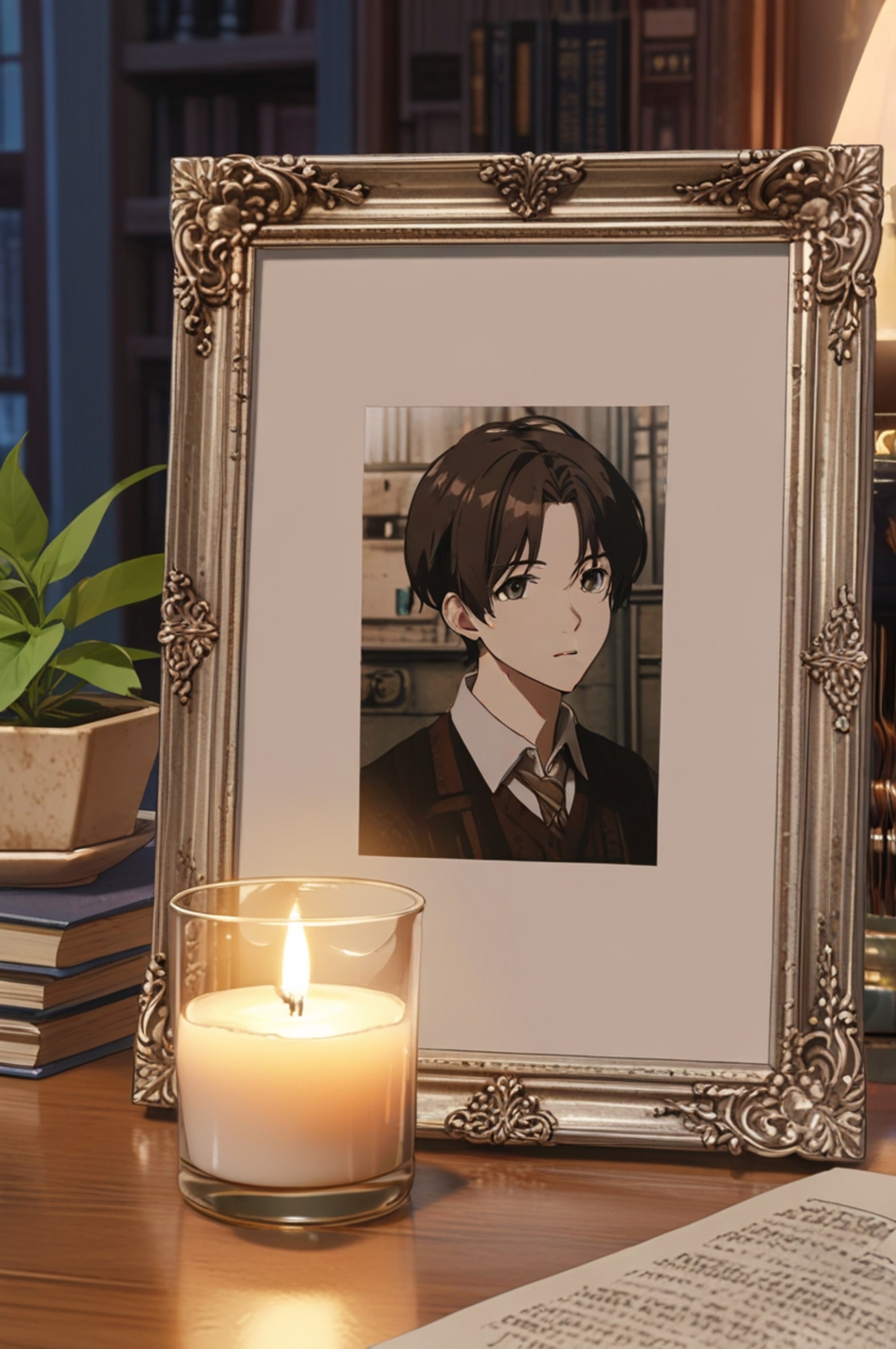 An ornate silver frame displays a vintage photograph, creating a nostalgic and elegant touch.  Placed on a table beside a sof