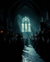 Explore a magical school brimming with young wizards, brought to life with intense chiaroscuro lighting. Pure black and deep