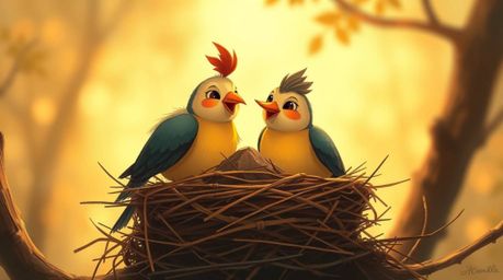 A charming illustration showcases two cartoon birds meticulously constructing a nest, rendered in a classic animation style.