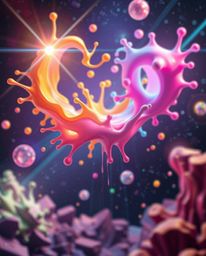 Dive into a dreamlike world of surreal digital art featuring abstract 3D colorful splash shapes floating in space.  Experienc