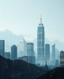 A captivating digital landscape showcases graceful, elegant, glitchy skyscrapers amidst a backdrop of static noise.  Rendered