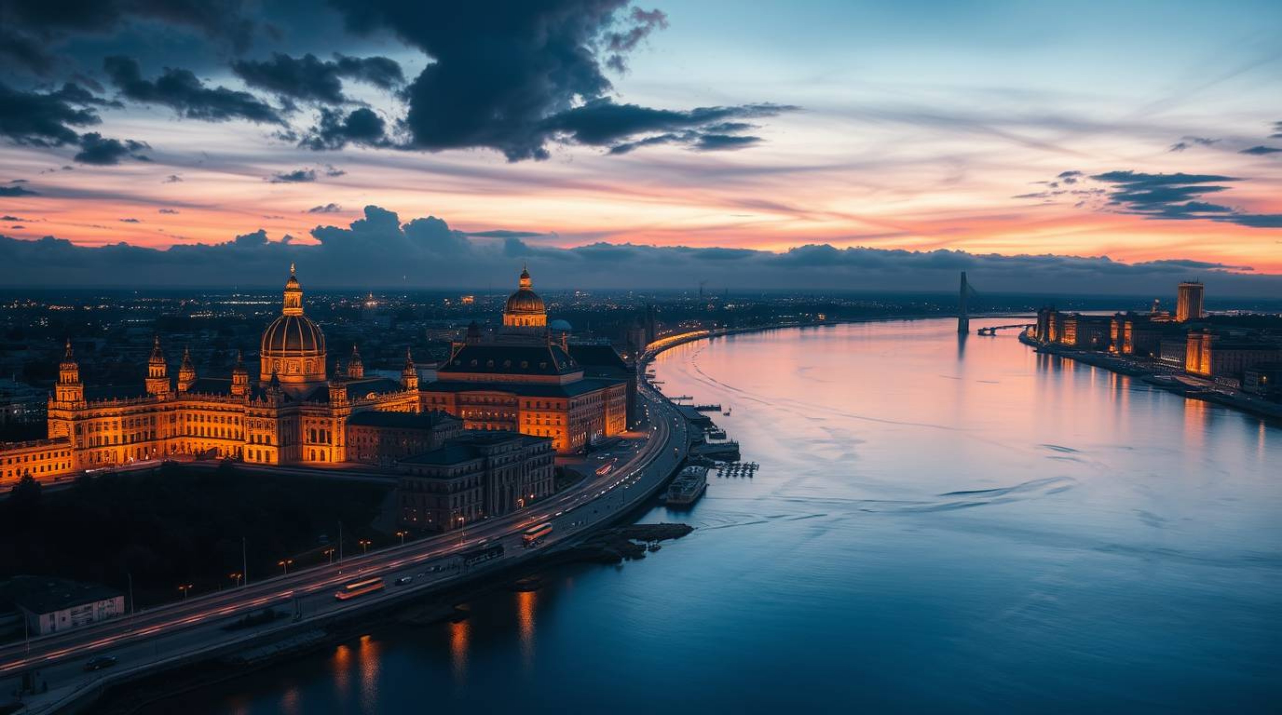 Capture the dramatic beauty of a river delta bathed in the vibrant hues of twilight, featuring precise architectural color ph