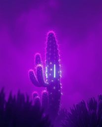 This is an Isekai anime-style depiction of a desert cactus, imagined glowing in deep ultraviolet hues. A soft cinematic haze,