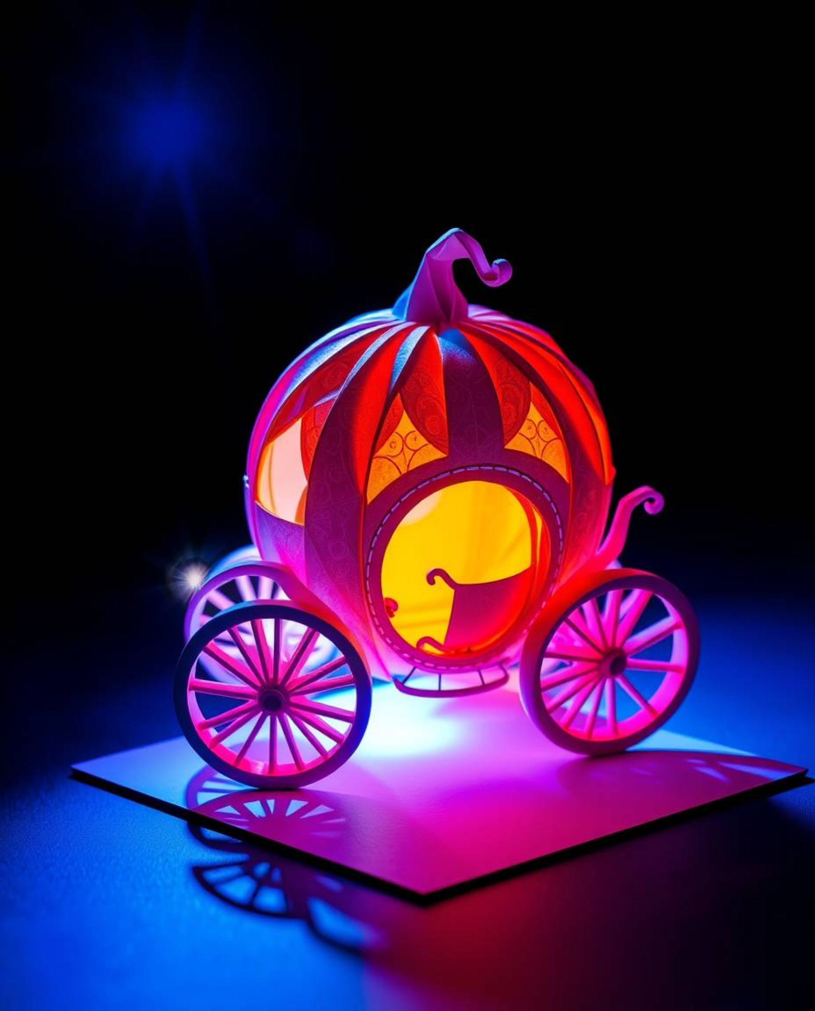 Witness the enchanting transformation of a pumpkin into a carriage, crafted with intricate origami techniques. This artwork s