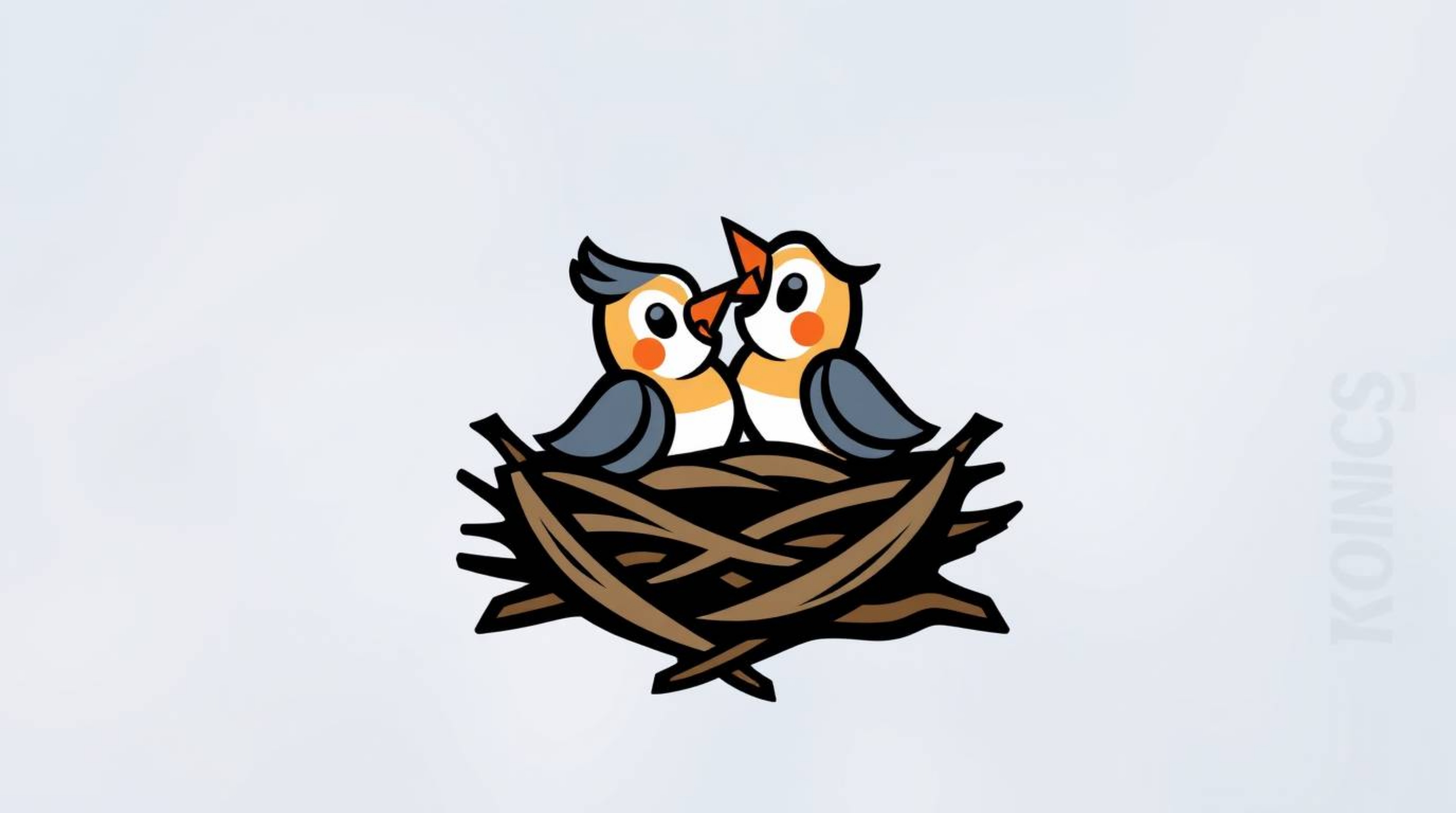 A captivating logo design features two cartoon birds meticulously constructing a nest, reminiscent of classic animation. The