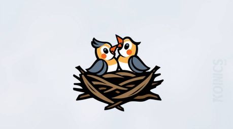 A captivating logo design features two cartoon birds meticulously constructing a nest, reminiscent of classic animation.  The