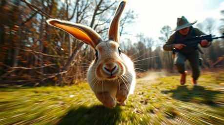 Experience a thrilling chase scene where a wacky rabbit with long, floppy ears and bright eyes outsmarts a hunter in a dramat