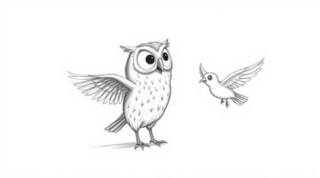 A heartwarming Pixar-style hand-drawn sketch depicts a blind owl, rendered with soft and expressive pencil strokes against a 