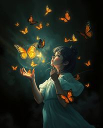A captivating digital painting depicts a girl releasing a flurry of butterflies against a backdrop of intense jet black and d
