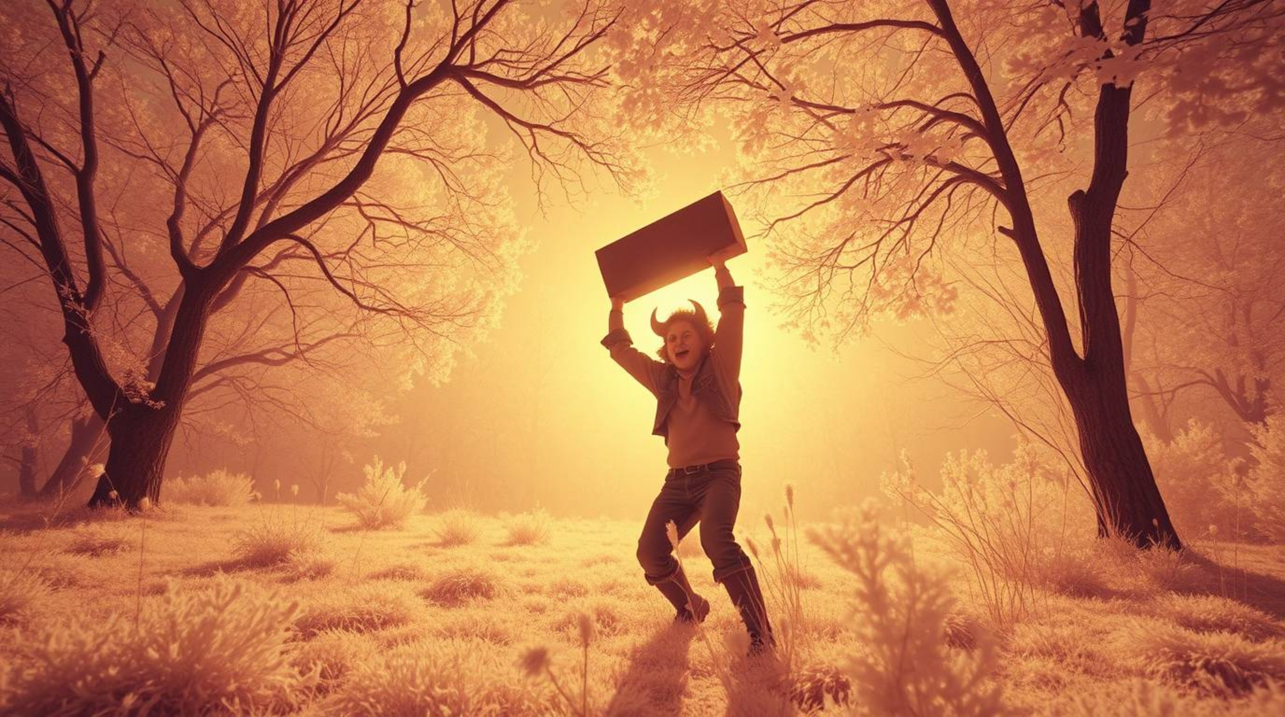 A surreal infrared image captures a trickster character basking in the warm golden hour light, just moments before a falling 