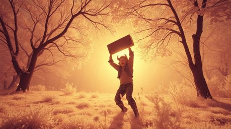 A surreal infrared image captures a trickster character basking in the warm golden hour light, just moments before a falling 