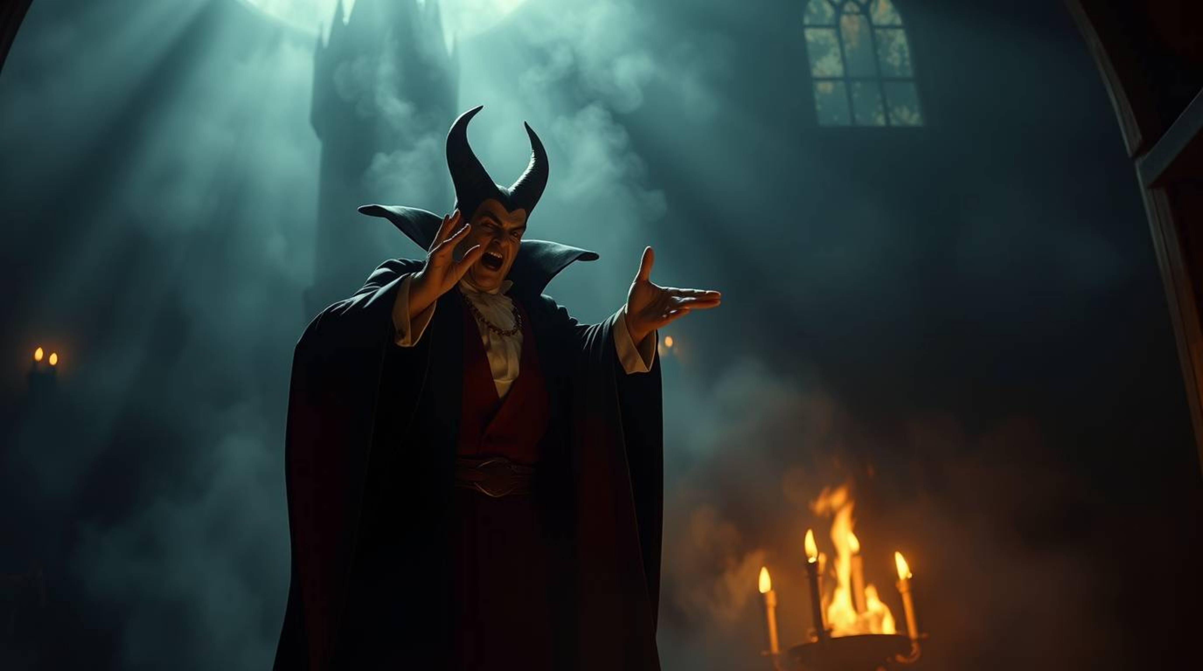 Experience a soft, dreamy atmosphere juxtaposed with intense dramatic lighting as a classic Disney villain casts a spell with
