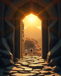 Discover a breathtaking scene of an ancient doorway etched with glowing runes, nestled in the side of a majestic mountain. Th