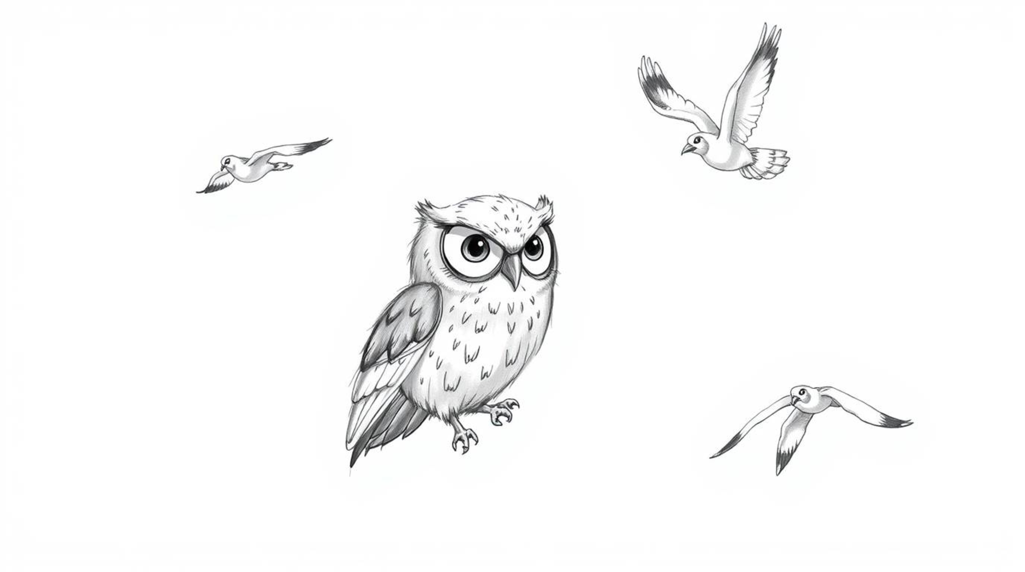 A heartwarming hand-drawn sketch, rendered in a Pixar-inspired style, depicts a blind owl with large, expressive eyes and sof
