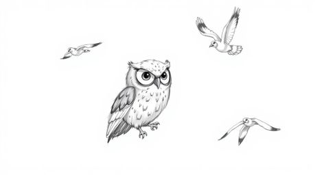 A heartwarming hand-drawn sketch, rendered in a Pixar-inspired style, depicts a blind owl with large, expressive eyes and sof