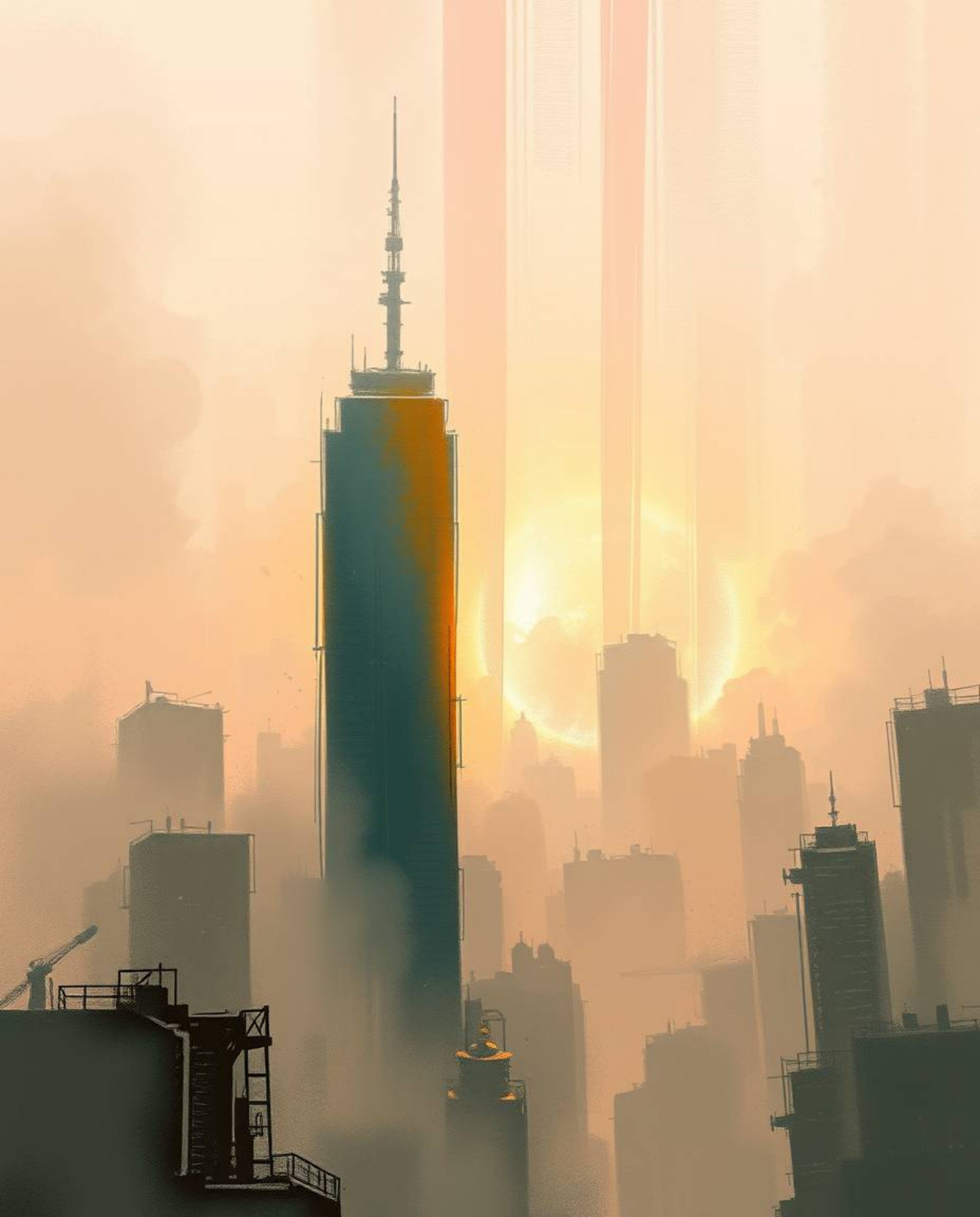 A digital sketch in a painterly style presents a glitchy digital landscape, showcasing distorted skyscrapers and pervasive st