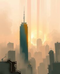 A digital sketch in a painterly style presents a glitchy digital landscape, showcasing distorted skyscrapers and pervasive st