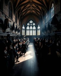 Explore a magical school brimming with young wizards, brought to life with dramatic chiaroscuro lighting. The distinct split 