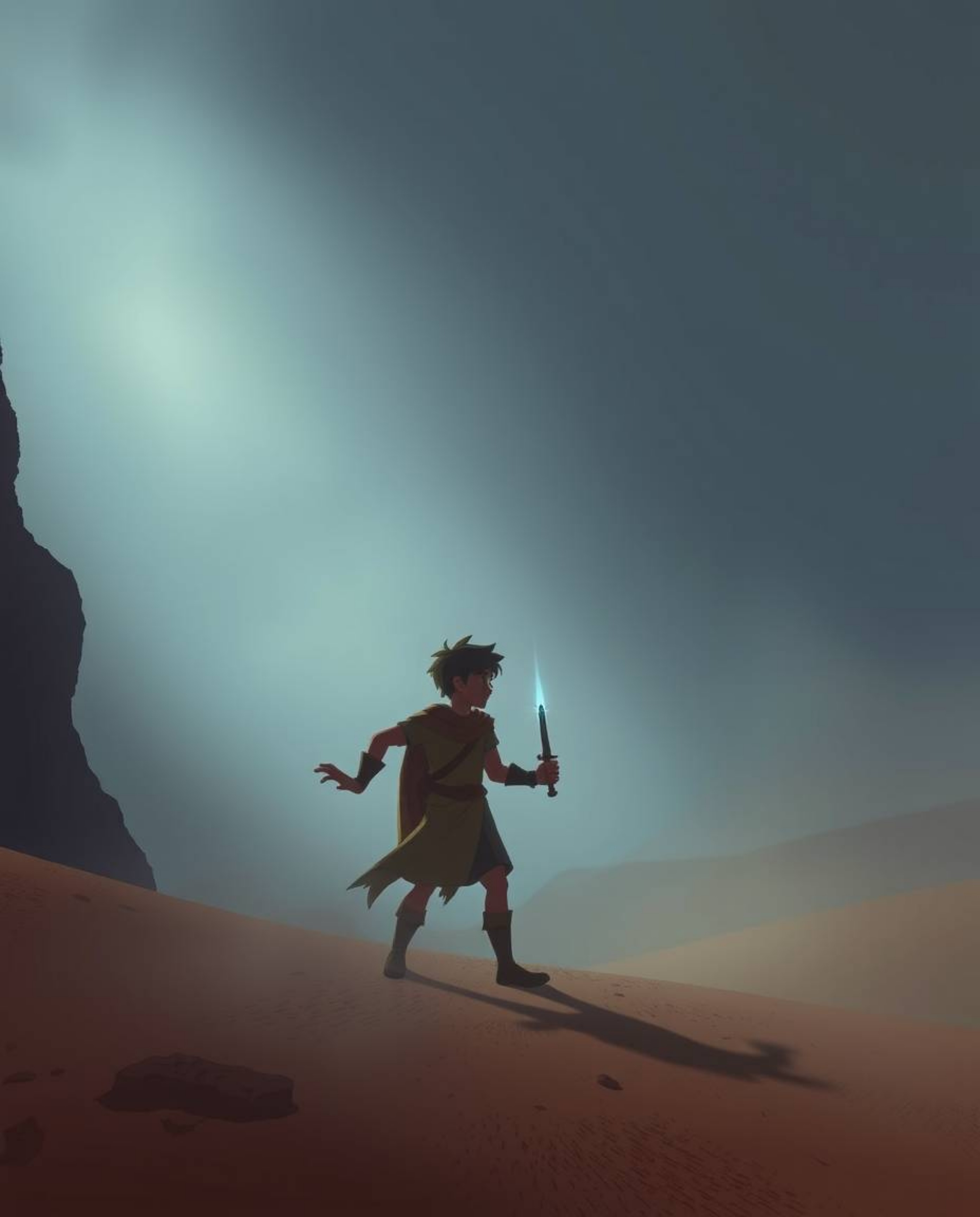 Experience a moody and soft, dreamy atmosphere reminiscent of a Disney-style desert adventure, featuring a brave hero navigat