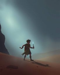 Experience a moody and soft, dreamy atmosphere reminiscent of a Disney-style desert adventure, featuring a brave hero navigat