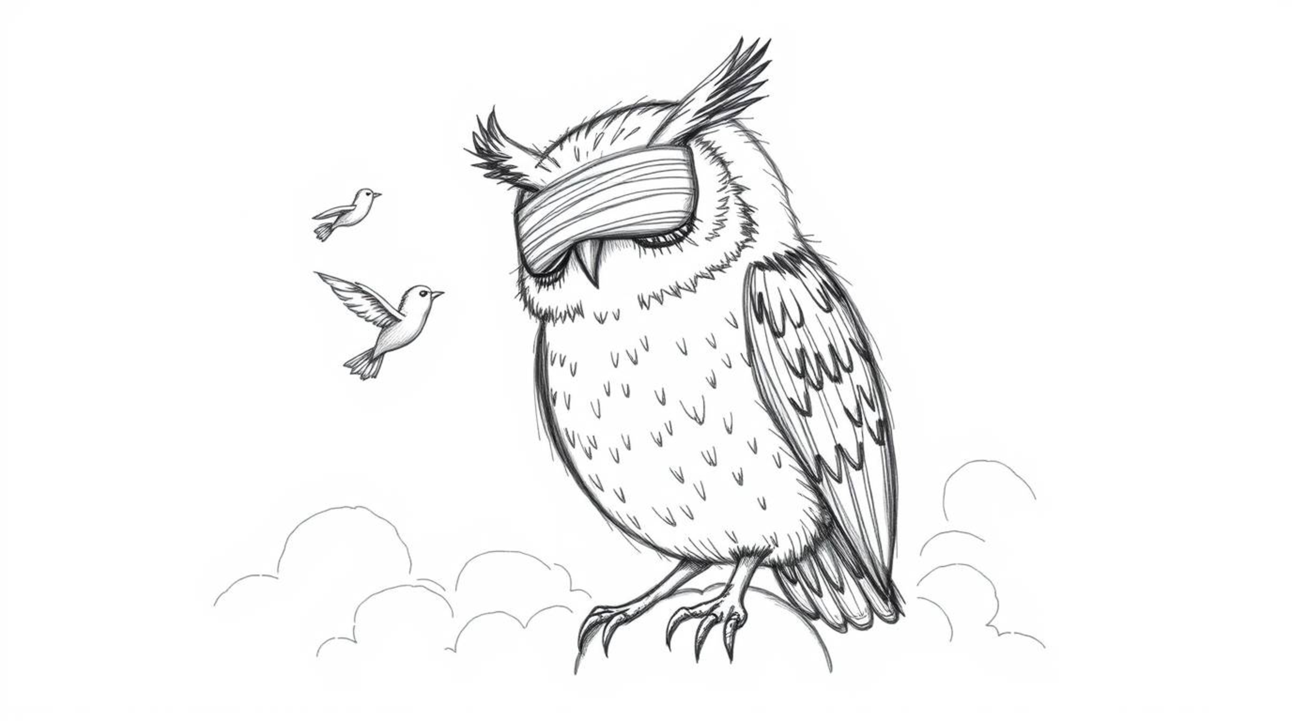 This image features a hand-drawn sketch of a blind owl in Pixar style, depicted with textured pencil strokes against a white 