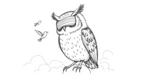 This image features a hand-drawn sketch of a blind owl in Pixar style, depicted with textured pencil strokes against a white 