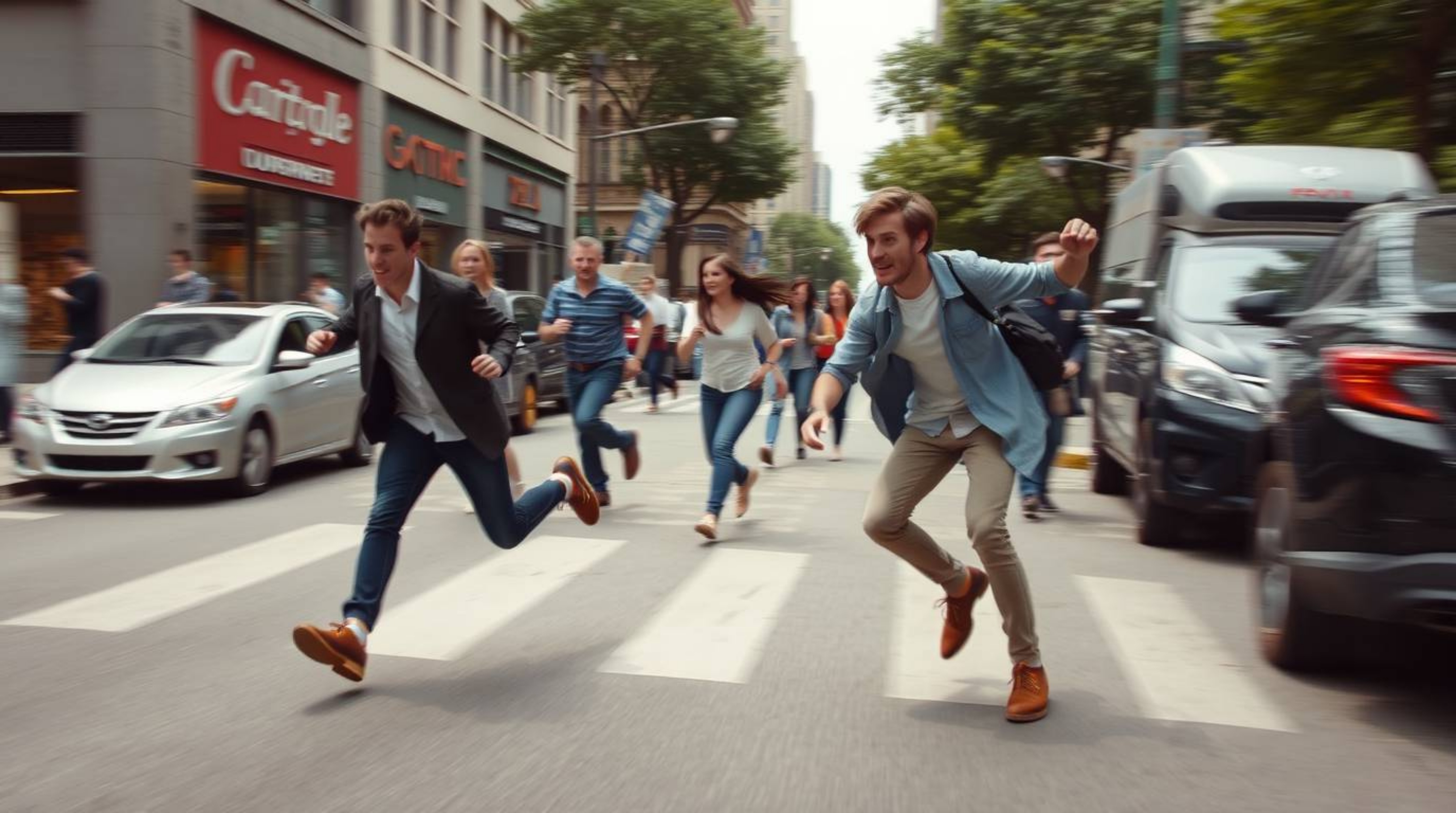 Experience the raw energy of the streets with this candid photograph capturing a dynamic chase scene. Exaggerated squash and 
