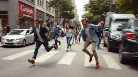 Experience the raw energy of the streets with this candid photograph capturing a dynamic chase scene. Exaggerated squash and 