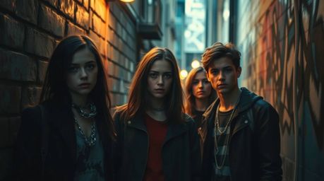 A captivating image showcasing rebellious teens in a grungy city alley, dramatically lit with chiaroscuro lighting and a soft