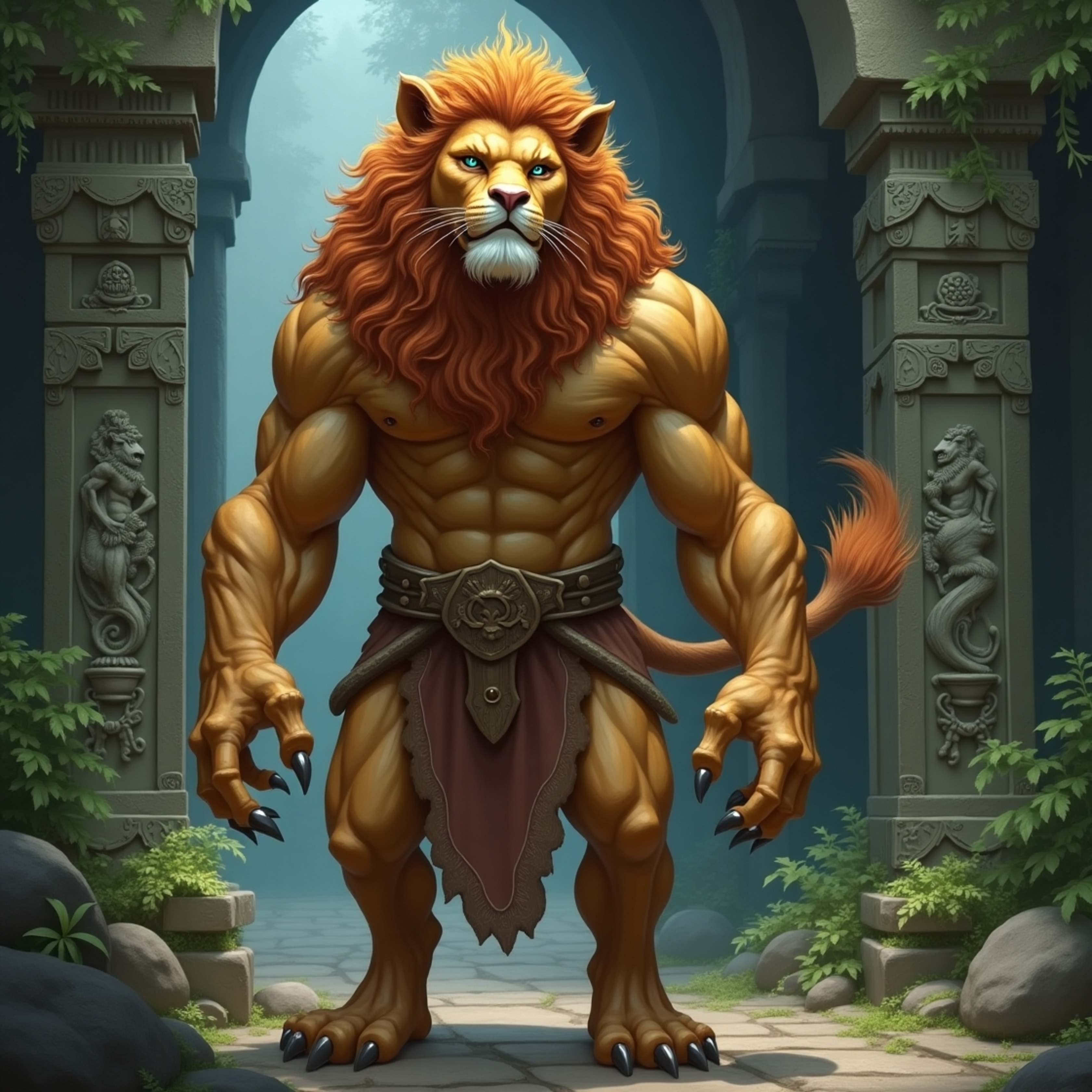 A stunning depiction of a majestic sphinx, a mythical creature with a human upper body and a lion's lower body, guarding an a