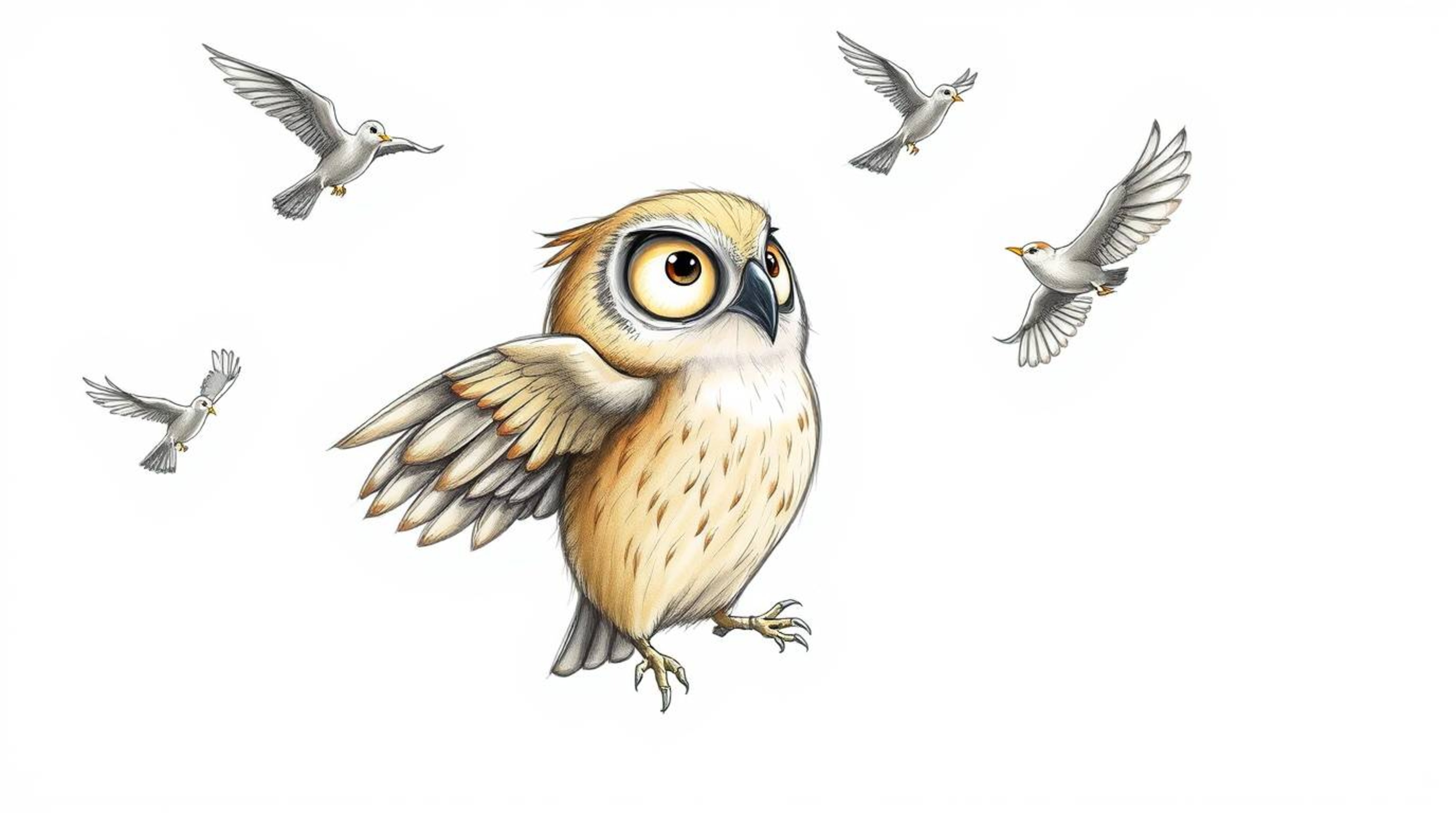 This artwork presents a Pixar-inspired, hand-drawn sketch of a blind owl, its textured feathers meticulously rendered with pe
