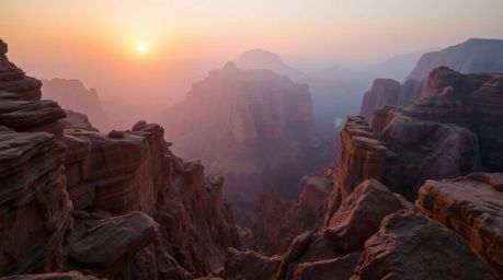 Experience the serenity of a rocky canyon at sunset, bathed in warm, inviting hues. This image captures a soft, dreamy atmosp