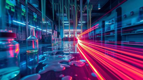 Explore a mesmerizing long-exposure photograph of a slime-covered science lab, brought to life with vibrant iridescent colors