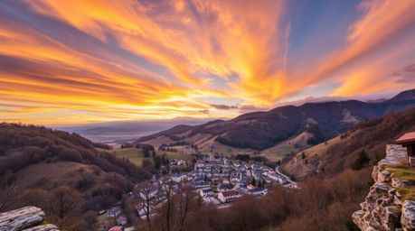 Explore the breathtaking beauty of a cozy village nestled in a valley, captured from a high-angle perspective under a vibrant
