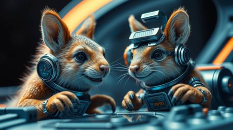 A futuristic sci-fi image in extreme macro close-up showcases two talking animals causing mischief, seamlessly integrating ad