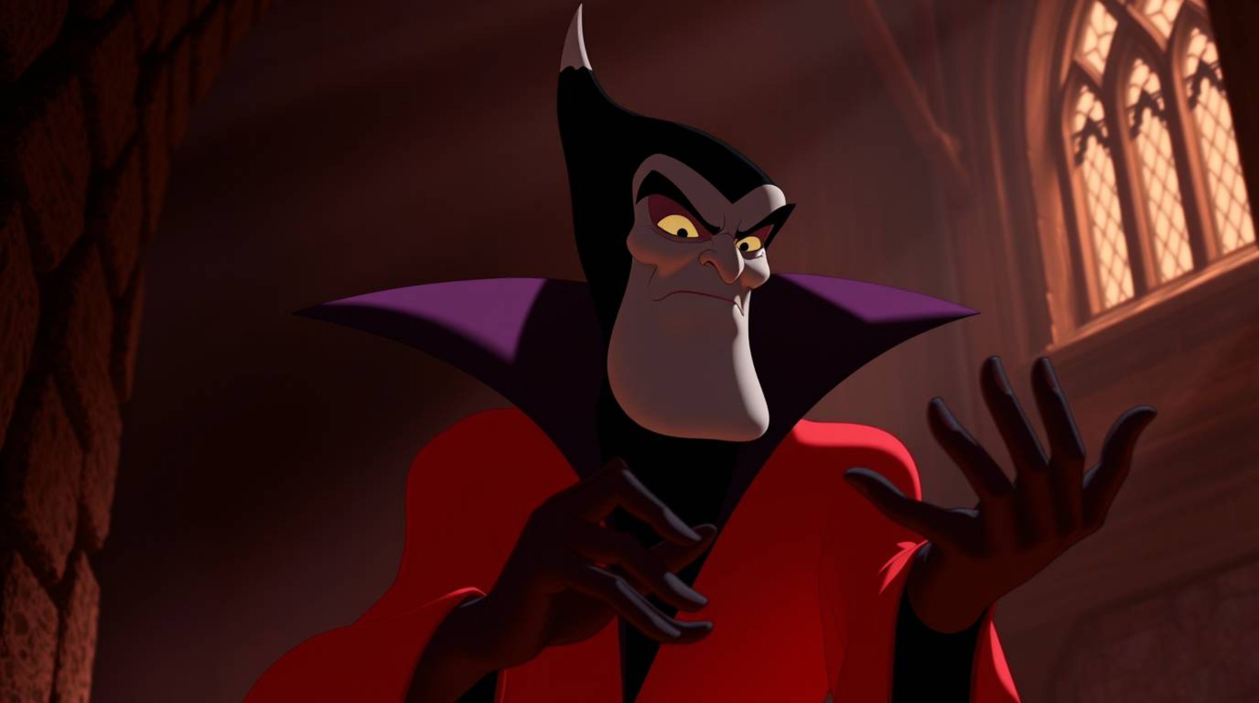 A classic Disney villain with sharp features and dark skin casts a spell within the walls of an ancient castle. The scene is