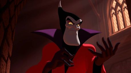 A classic Disney villain with sharp features and dark skin casts a spell within the walls of an ancient castle. The scene is