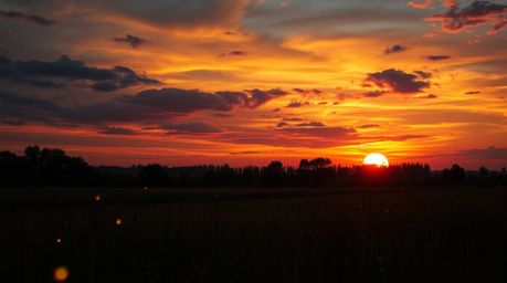 A captivating image of a vibrant sunset casting its glow over a tranquil meadow.  As darkness descends, fireflies begin to ap