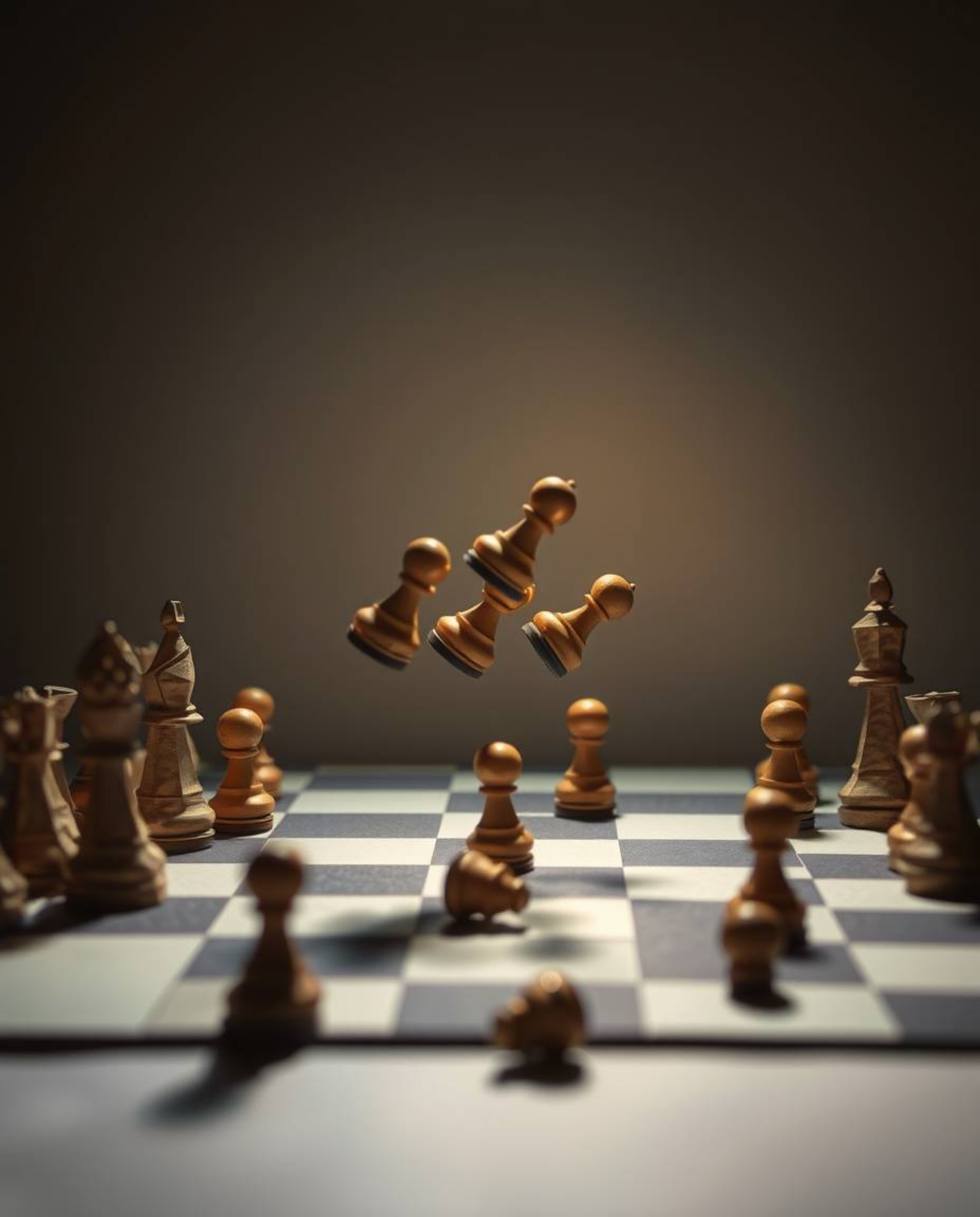 A captivating image depicting a chessboard meticulously crafted from origami paper, with pieces frozen mid-air in a moment of