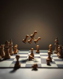 A captivating image depicting a chessboard meticulously crafted from origami paper, with pieces frozen mid-air in a moment of