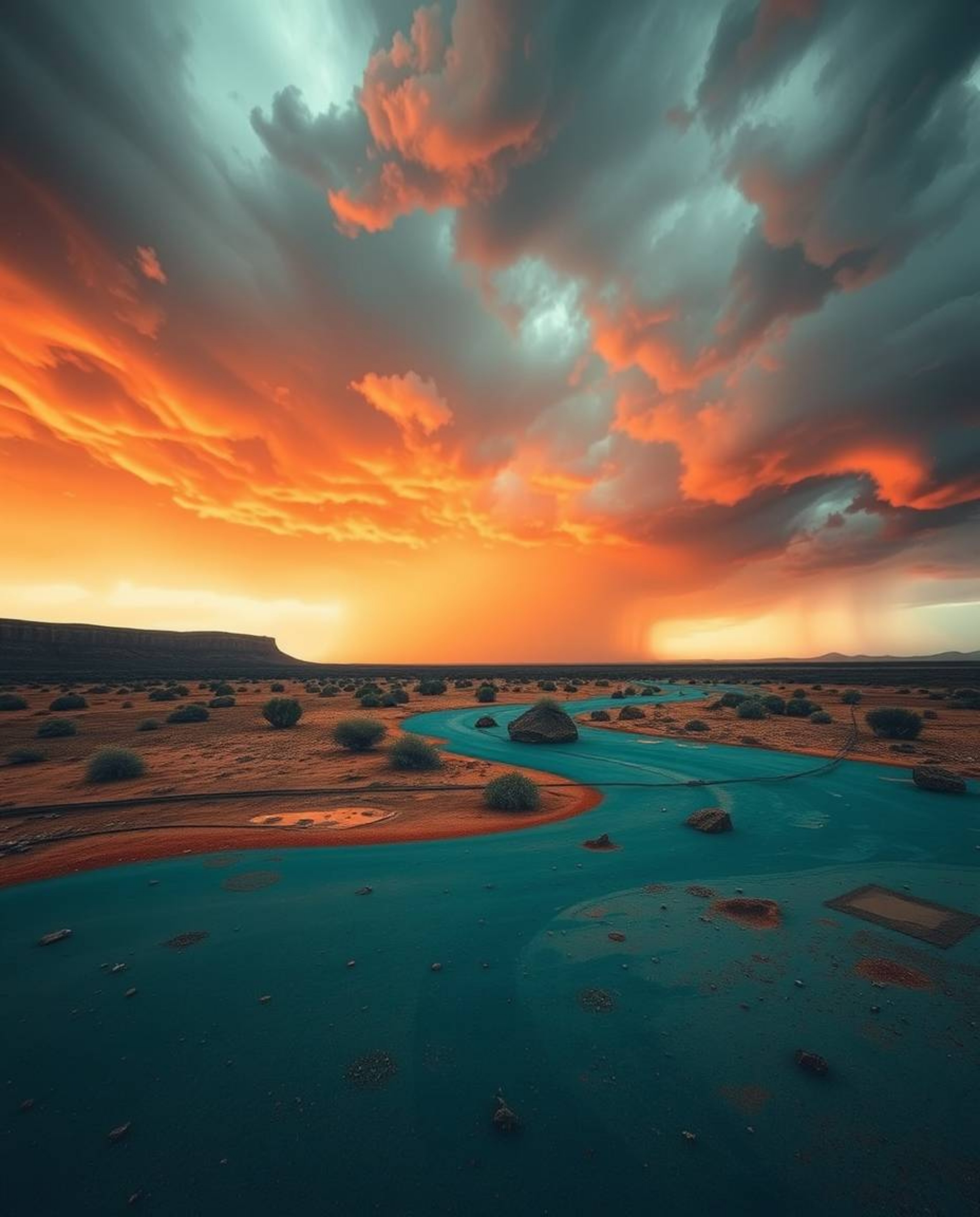 Experience the unexpected with a surreal storm featuring a warm terracotta and cool teal earthy contrast. Witness flying obje