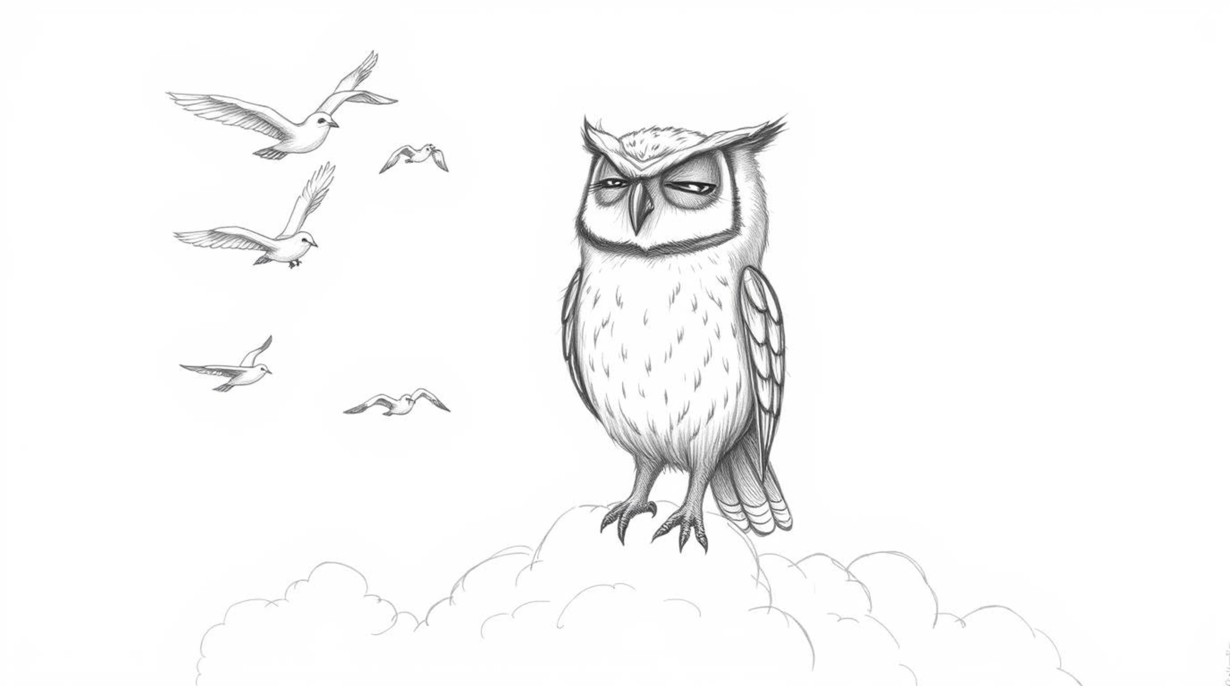 A heartwarming, Pixar-style hand-drawn pencil sketch depicts a blind owl with delicate, feathery textures, inspiring a flock 