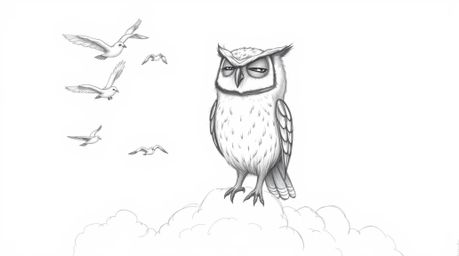 A heartwarming, Pixar-style hand-drawn pencil sketch depicts a blind owl with delicate, feathery textures, inspiring a flock 